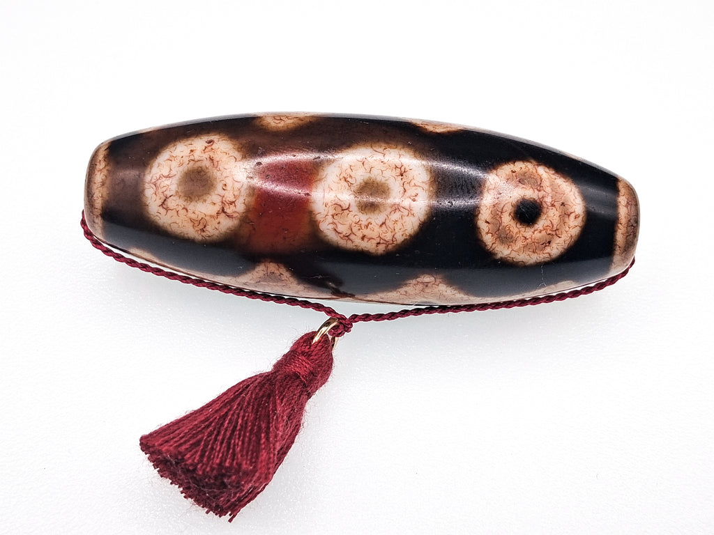 5-Eye Dzi with Two Stripes — Deep Brown Agate with Dragonblood