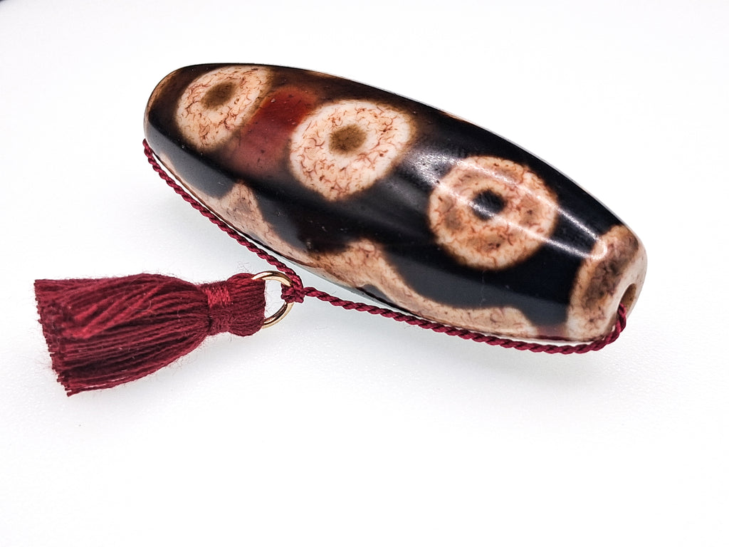 5-Eye Dzi with Two Stripes — Deep Brown Agate with Dragonblood