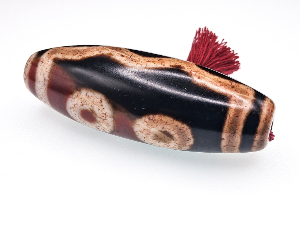 5-Eye Dzi with Two Stripes — Deep Brown Agate with Dragonblood
