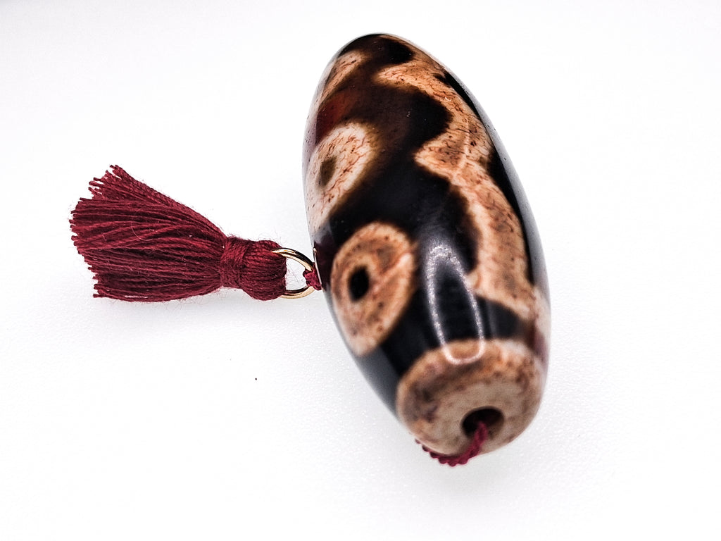 5-Eye Dzi with Two Stripes — Deep Brown Agate with Dragonblood