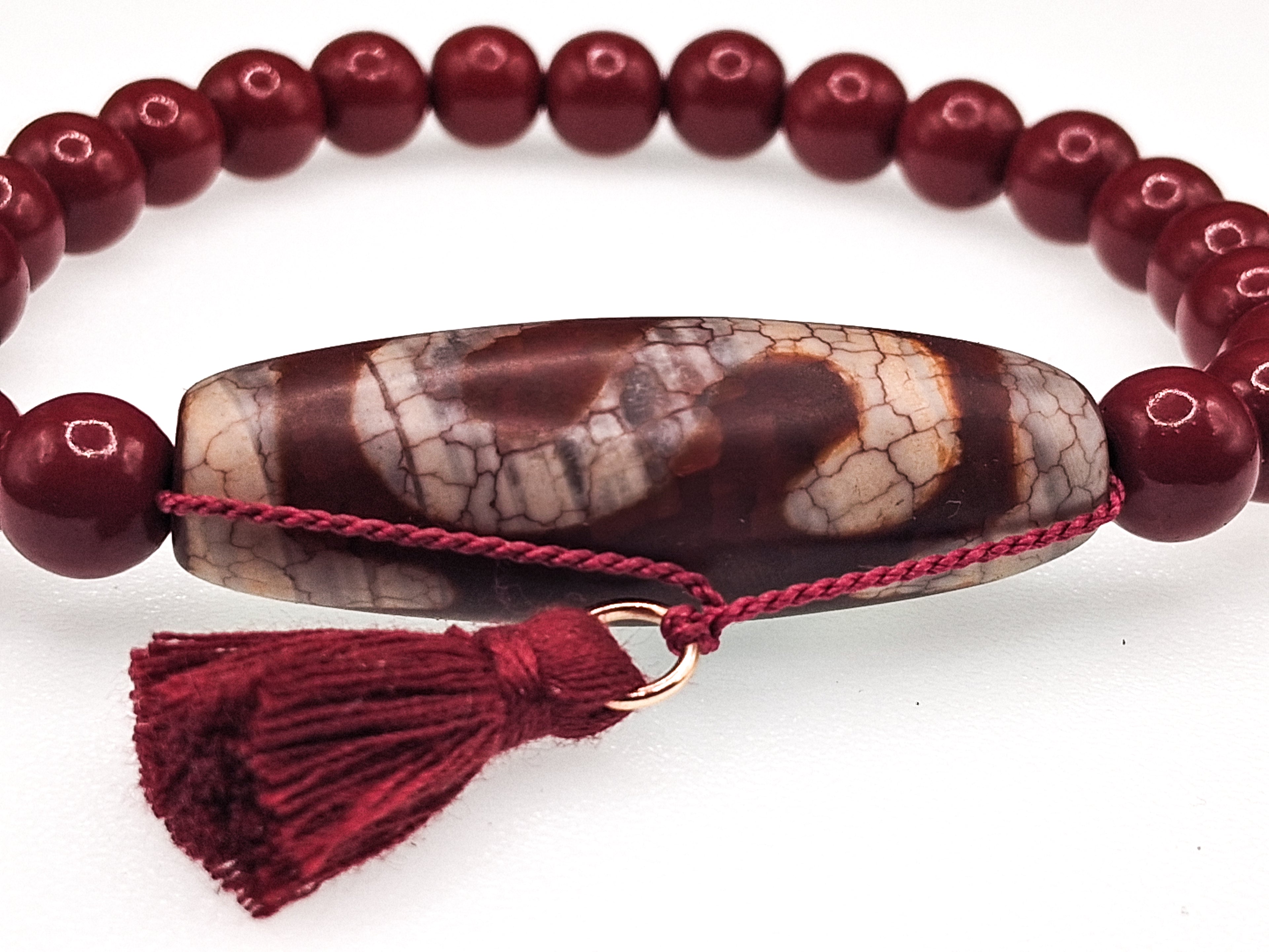 2 Money Hook &amp; Tiger Teeth Dzi — Dragon Vein Red Agate Bracelet