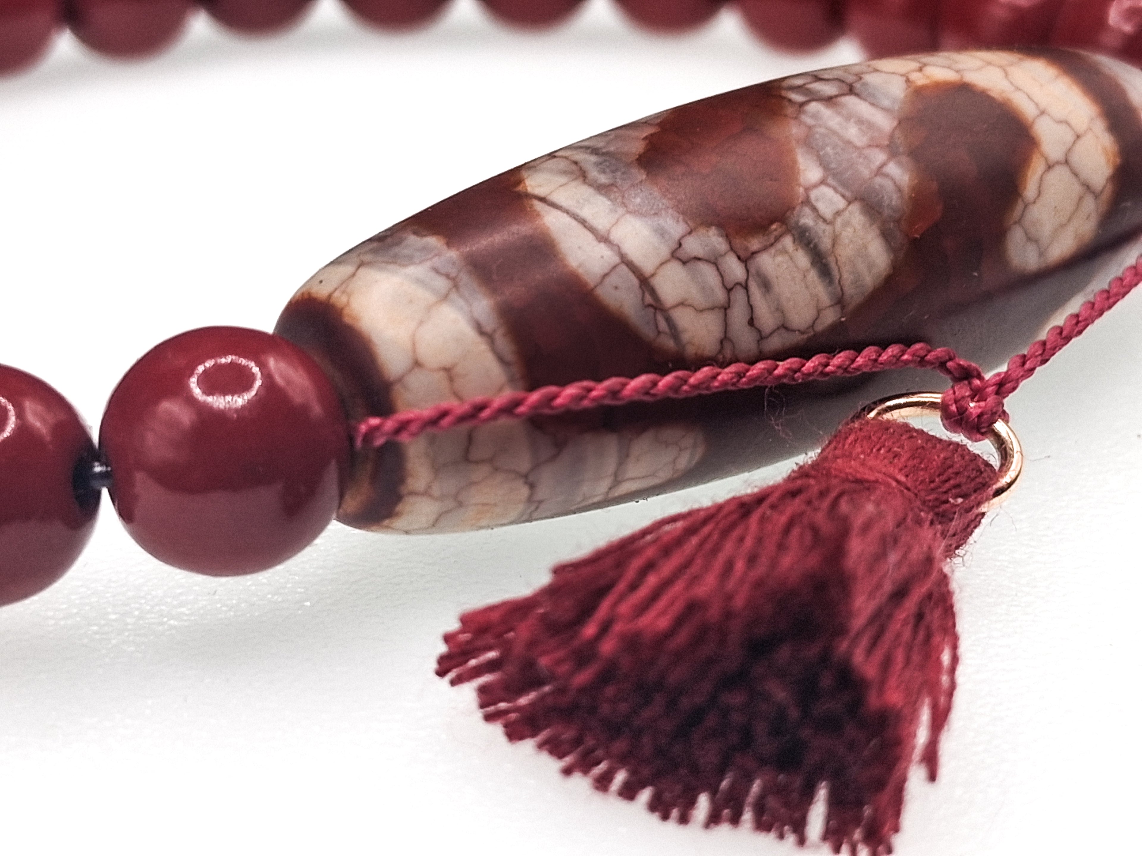 2 Money Hook &amp; Tiger Teeth Dzi — Dragon Vein Red Agate Bracelet