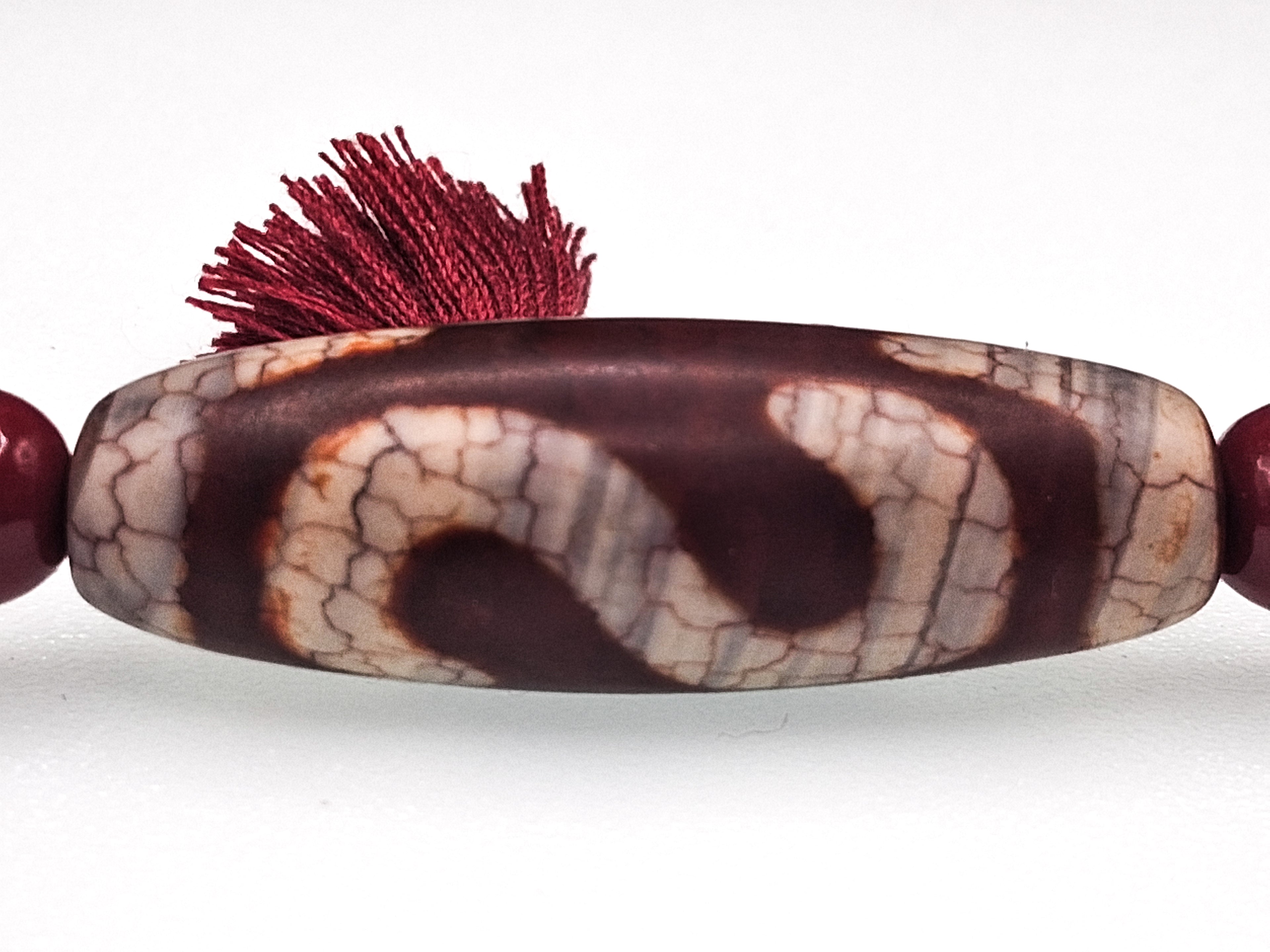 2 Money Hook &amp; Tiger Teeth Dzi — Dragon Vein Red Agate Bracelet