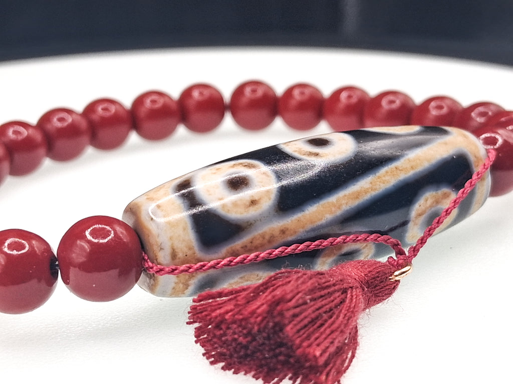 9-Eye Dzi with Da Luo Design — Cinnabar Bracelet