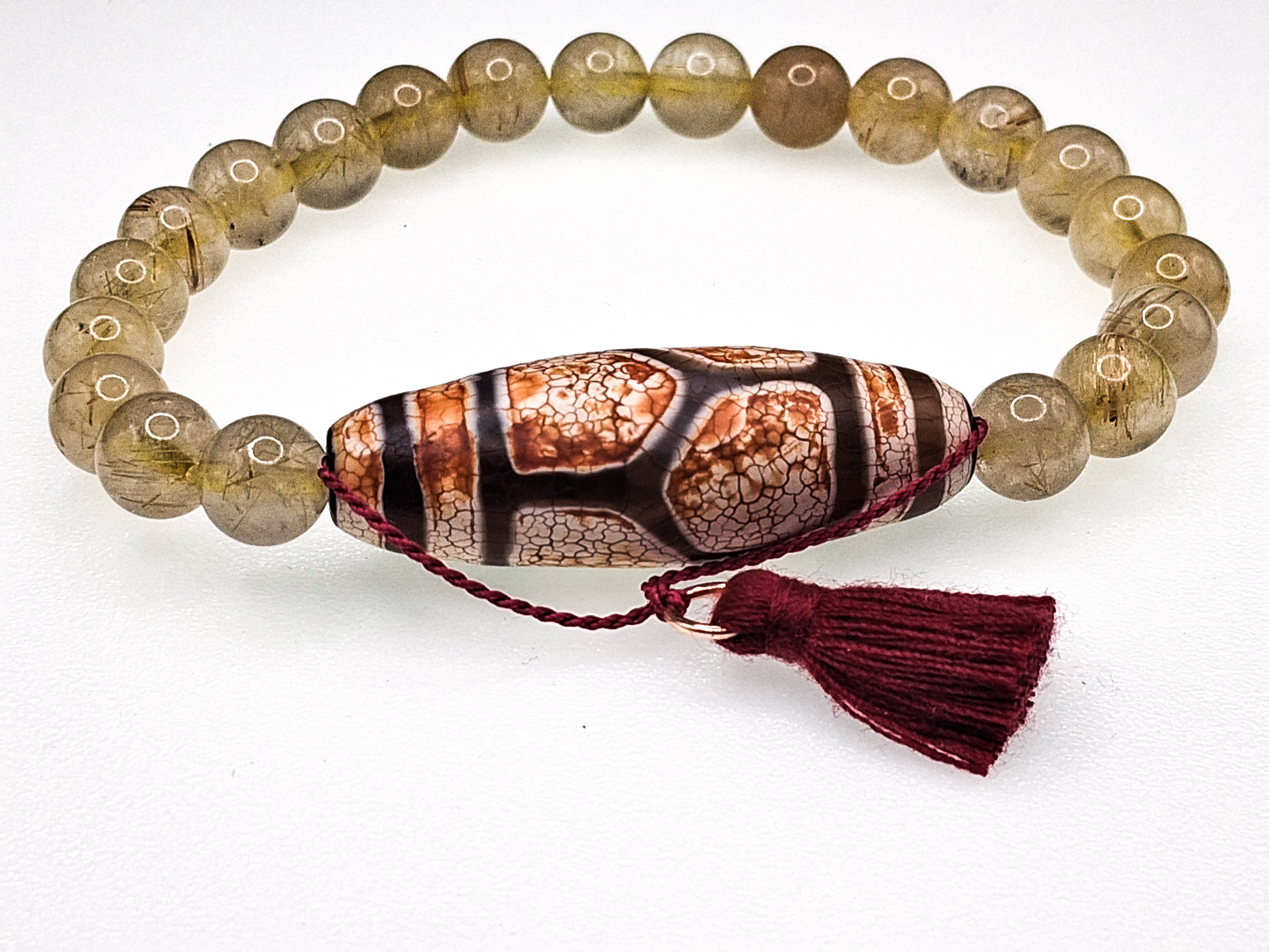 Tortoiseshell Dzi with Two Stripes — Bracelet with Gold Rutilated Quartz