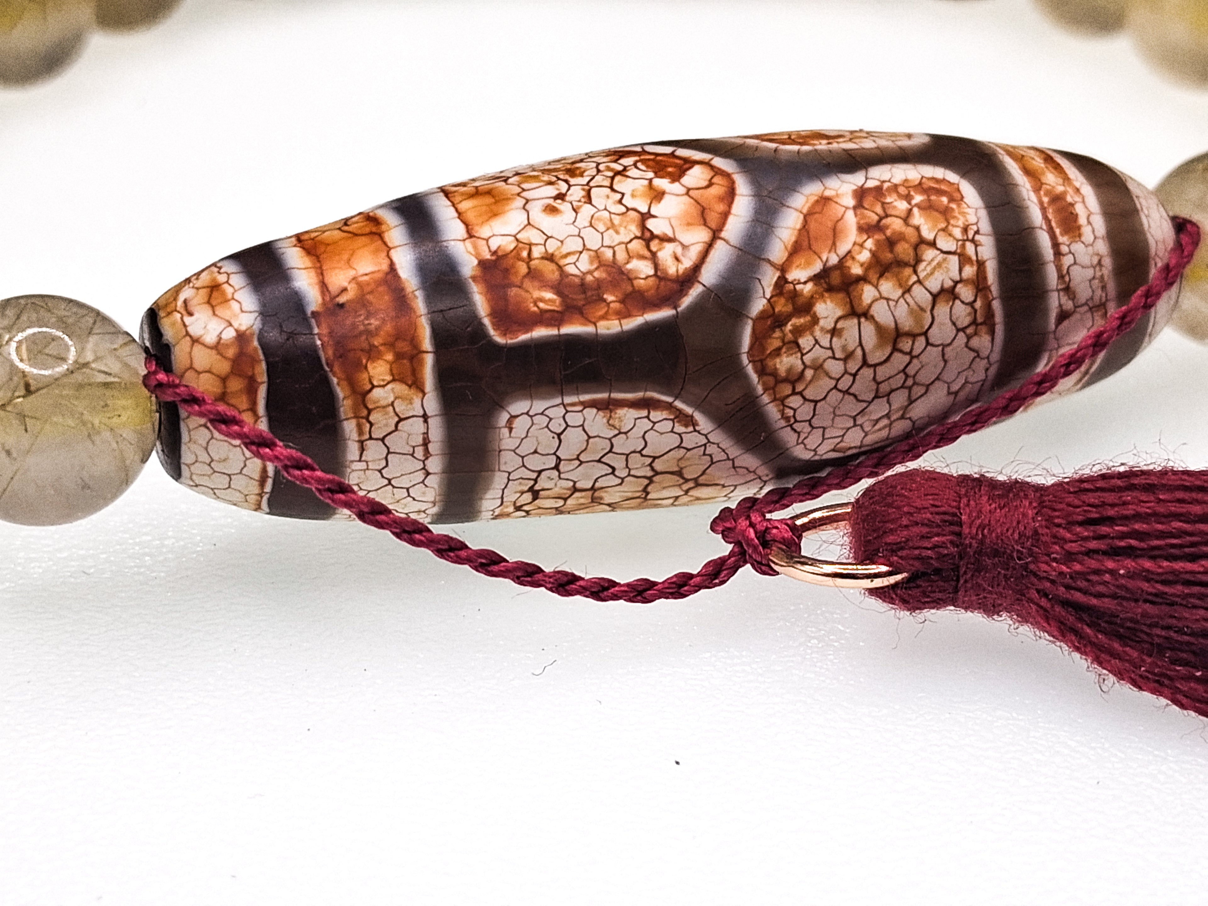 Tortoiseshell Dzi with Two Stripes — Bracelet with Gold Rutilated Quartz