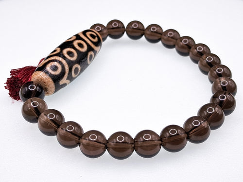 18-Eyed Tian Zhu (Dzi) Bracelet with Six Lotiform Force Beads & Smoky Quartz — 49 mm Dragon-Scale Dzi — 8"