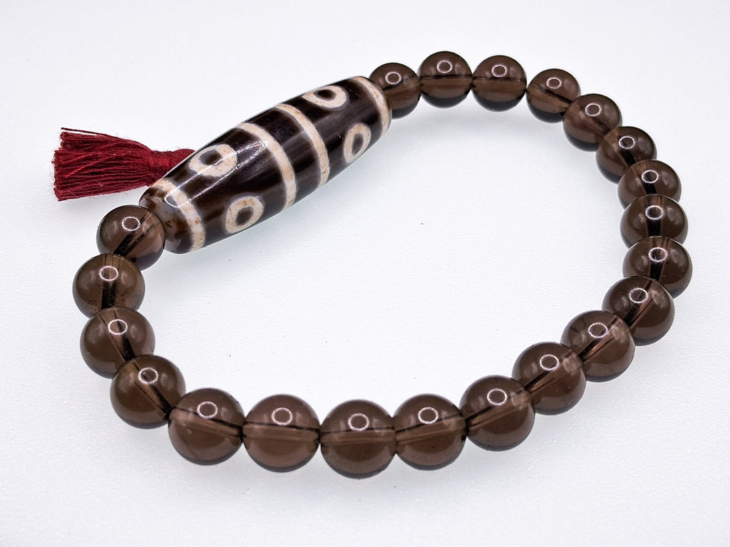 40 mm Dzi Bead — 8-Eyed • 4 Stripes Bracelet: 8" Smoky Quartz