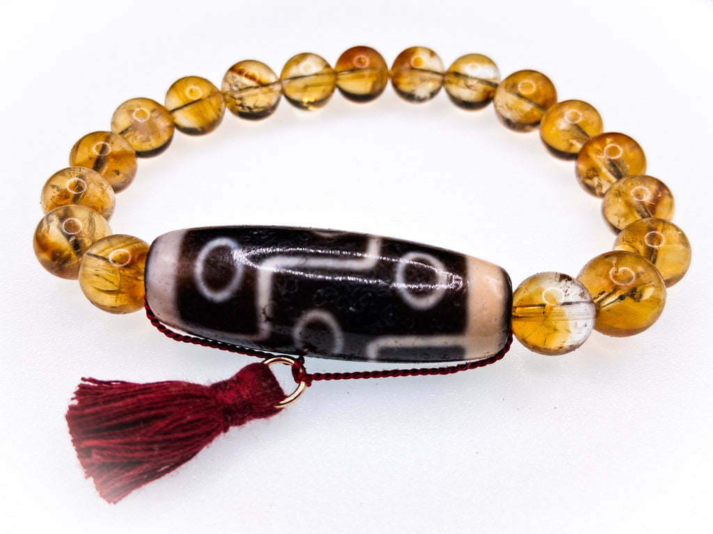 Dzi Bead — 9 Phoenix Eyes • 3 Lightning • 2 Stripes Bracelet: 8" Citrine