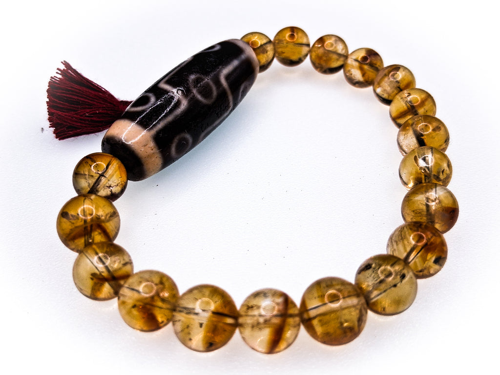 Dzi Bead — 9 Phoenix Eyes • 3 Lightning • 2 Stripes Bracelet: 8" Citrine
