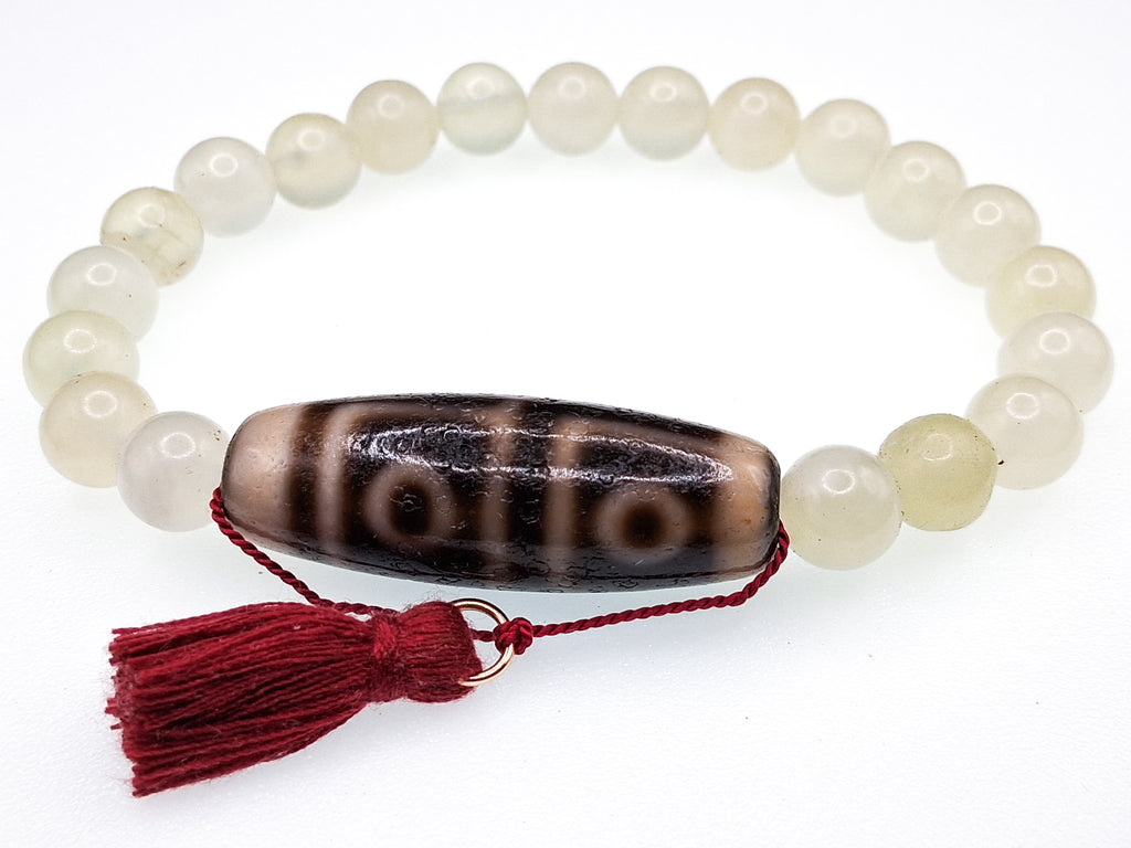 38 mm Dzi Bead — 4 Eyes • 4 Earth Force • 3 Stripes • Dragon Scales Texture Bracelet: 8" Green Jade