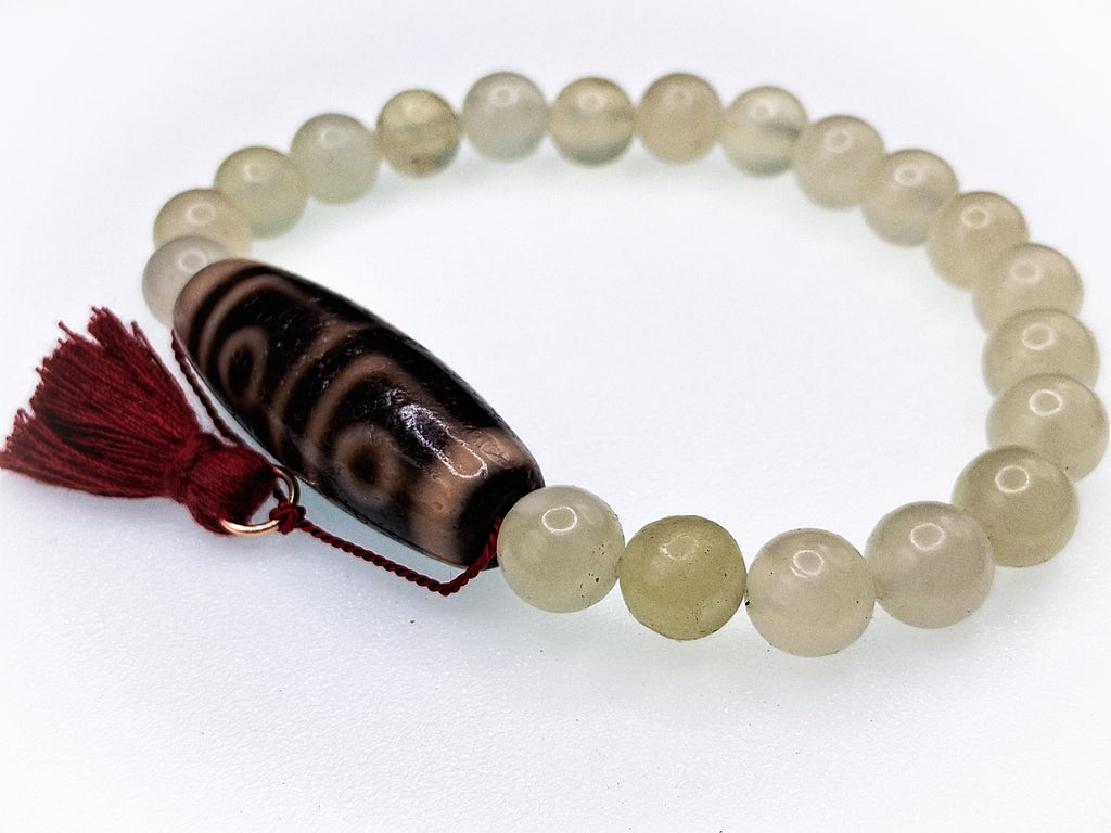 38 mm Dzi Bead — 4 Eyes • 4 Earth Force • 3 Stripes • Dragon Scales Texture Bracelet: 8" Green Jade