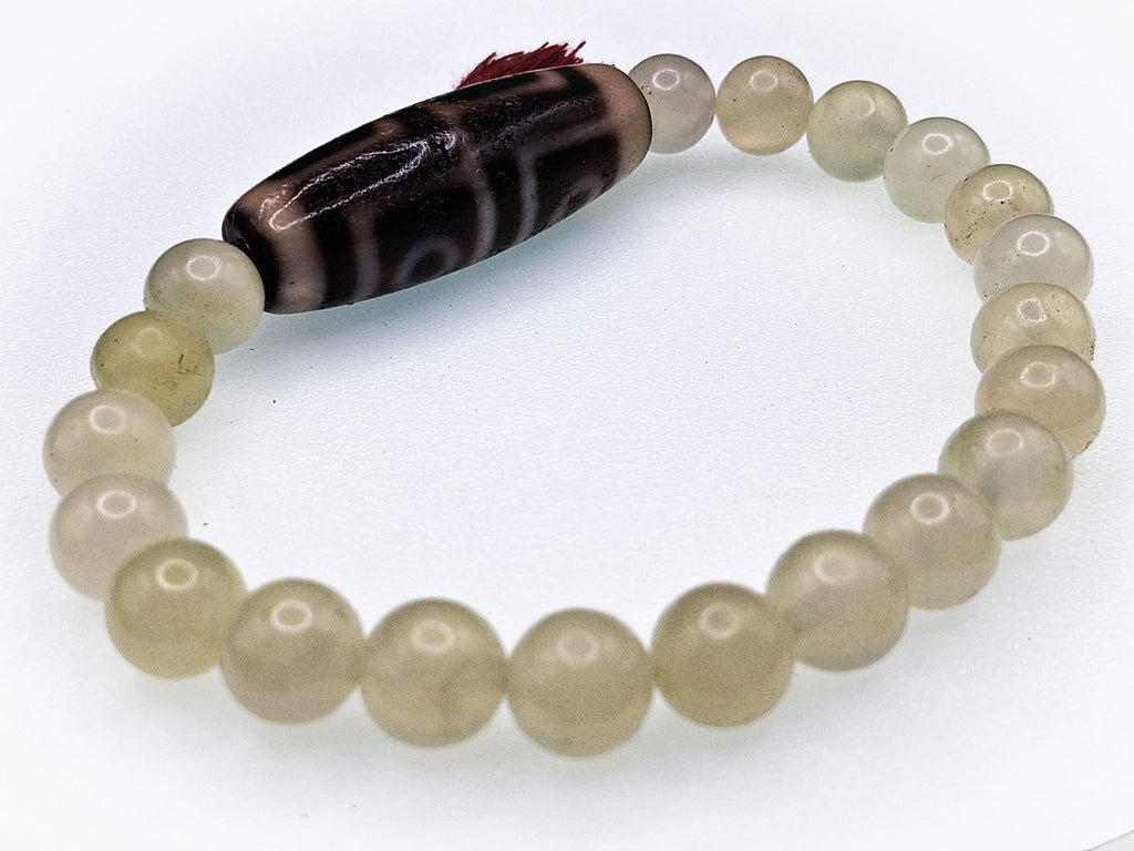 38 mm Dzi Bead — 4 Eyes • 4 Earth Force • 3 Stripes • Dragon Scales Texture Bracelet: 8" Green Jade